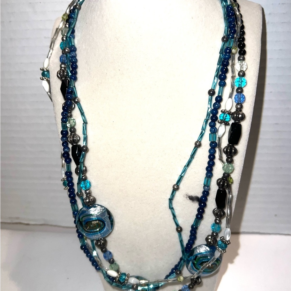 Multi Strand Beaded‎ Necklace Blue Teal Silver Tone Large Statement Pendant